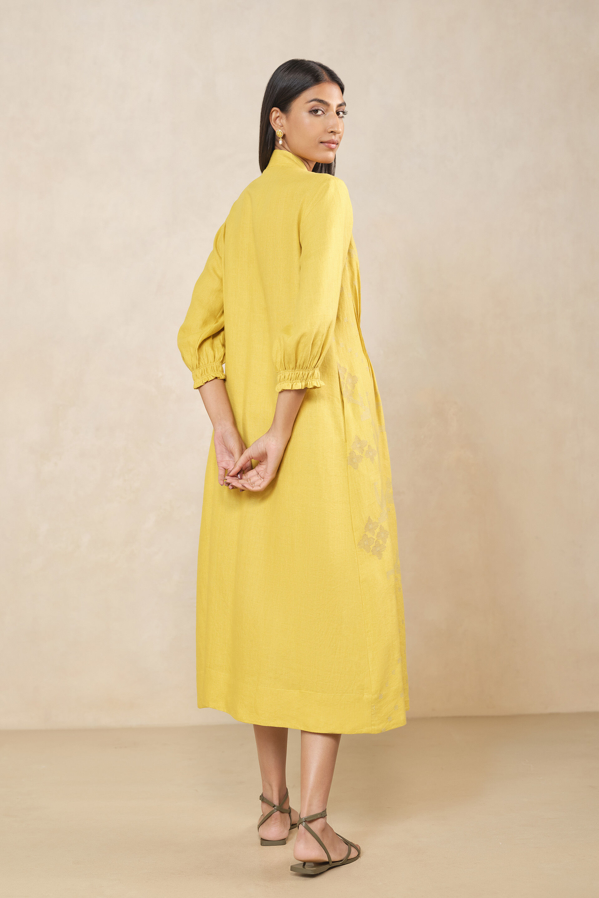 Haiku Embroidered Hemp Dress - Yellow